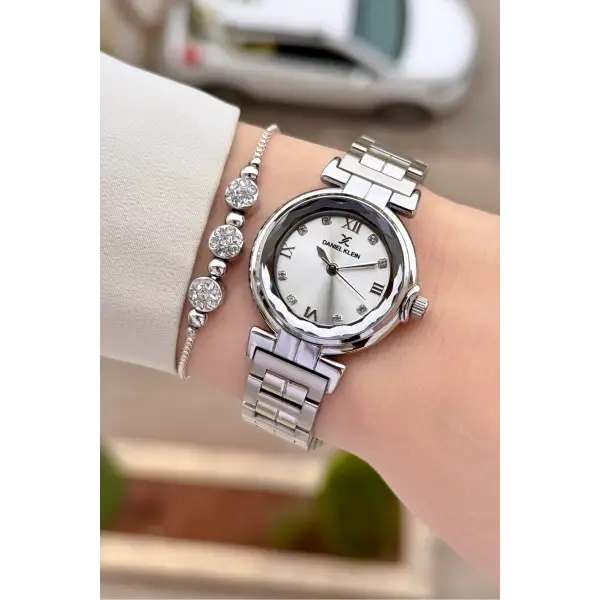 Gümüş Renk 30 Mm Kristal Cam Kadın Kol Saati ve Hediye Bileklik