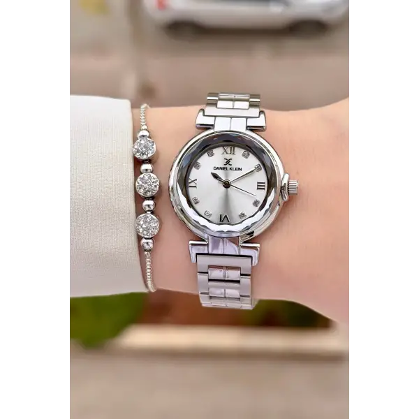 Gümüş Renk 30 Mm Kristal Cam Kadın Kol Saati ve Hediye Bileklik