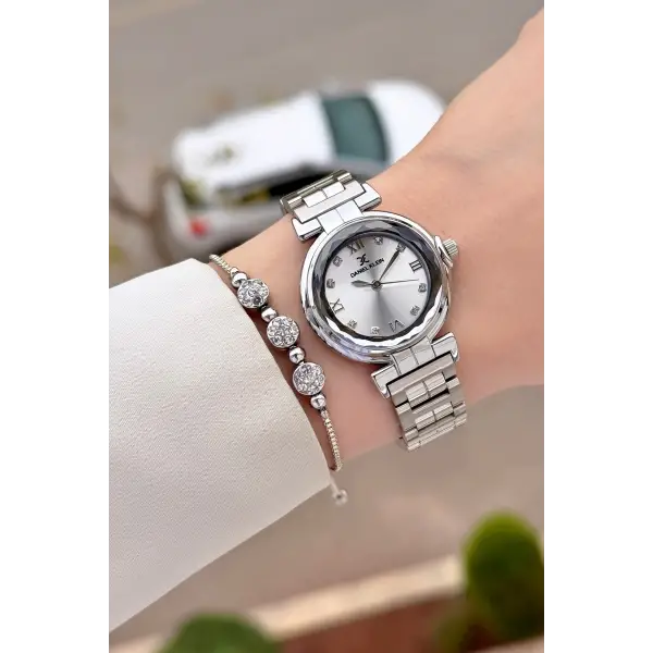 Gümüş Renk 30 Mm Kristal Cam Kadın Kol Saati ve Hediye Bileklik