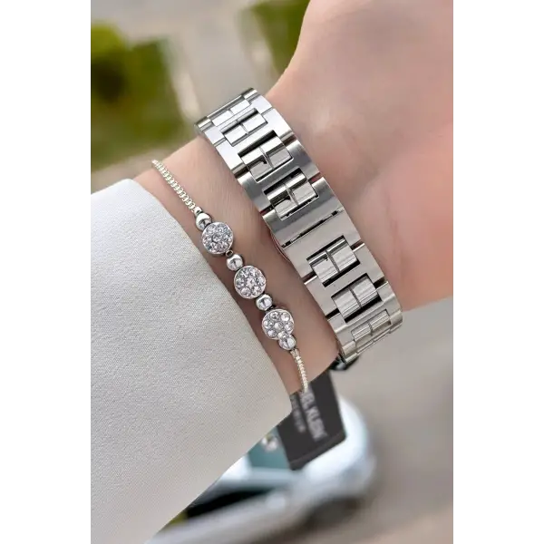 Gümüş Renk 30 Mm Kristal Cam Kadın Kol Saati ve Hediye Bileklik