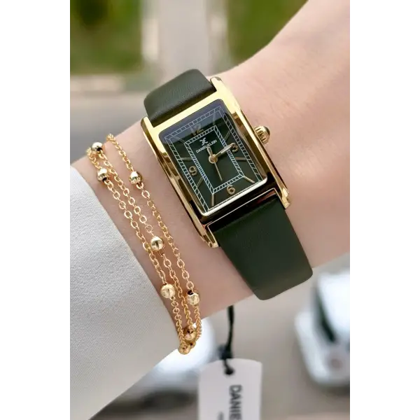 Kasası Gold Kordonu Yeşil Renk Kadın Kol Saati ve Bileklik