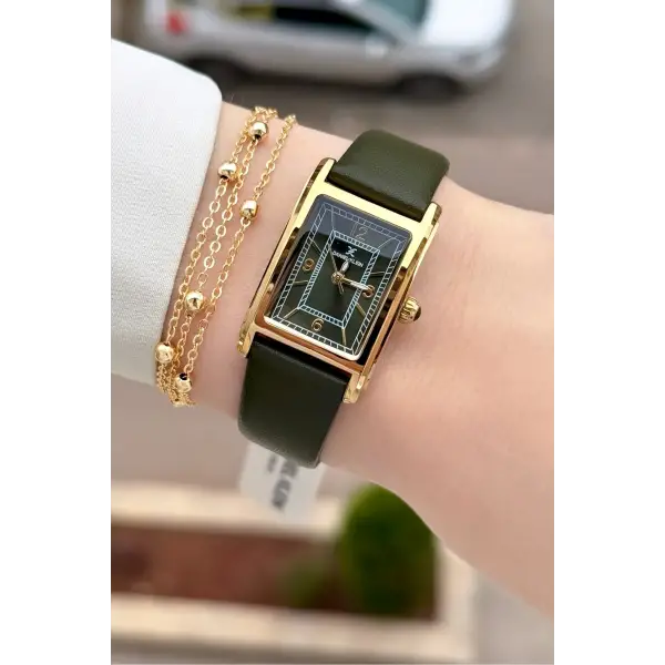 Kasası Gold Kordonu Yeşil Renk Kadın Kol Saati ve Bileklik