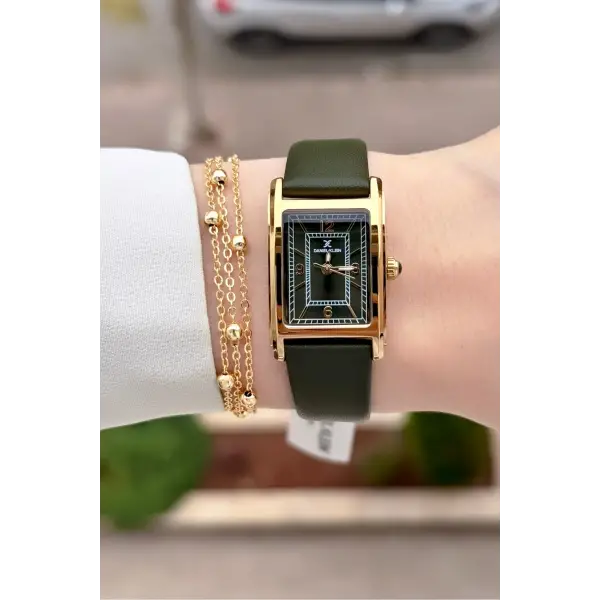 Kasası Gold Kordonu Yeşil Renk Kadın Kol Saati ve Bileklik
