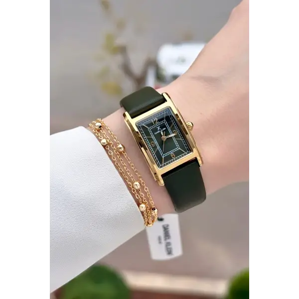 Kasası Gold Kordonu Yeşil Renk Kadın Kol Saati ve Bileklik