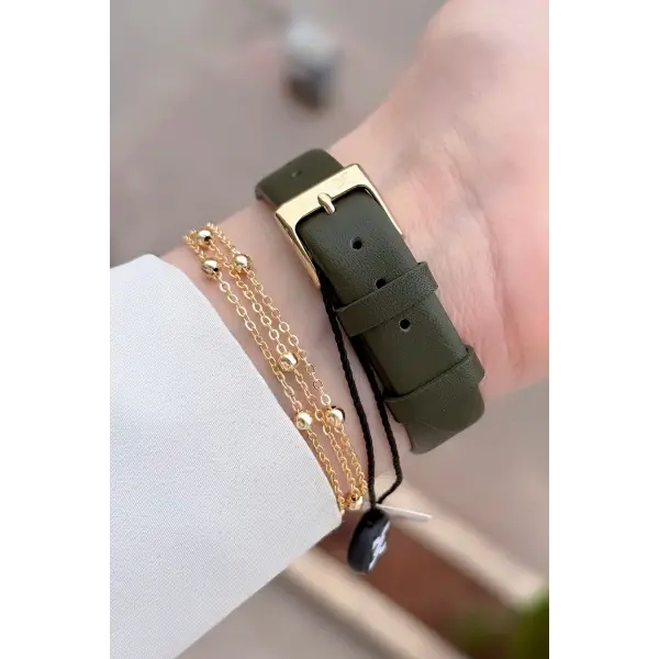 Kasası Gold Kordonu Yeşil Renk Kadın Kol Saati ve Bileklik