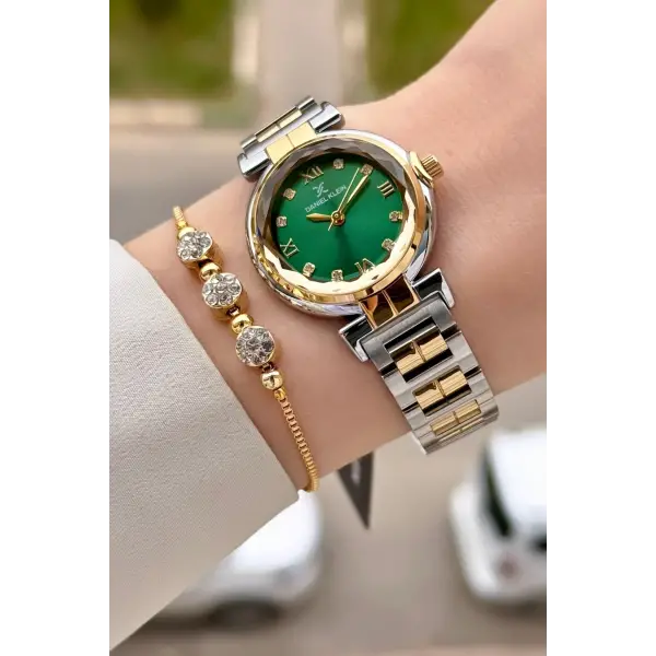 Kadranı Yeşil Kordonu Gold Gümüş Renk 30 Mm Kadın Kol Saati ve Bileklik