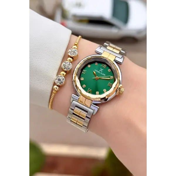 Kadranı Yeşil Kordonu Gold Gümüş Renk 30 Mm Kadın Kol Saati ve Bileklik