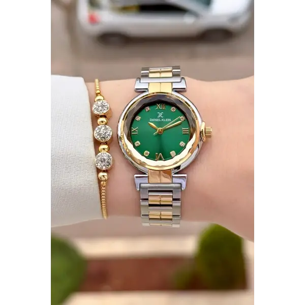 Kadranı Yeşil Kordonu Gold Gümüş Renk 30 Mm Kadın Kol Saati ve Bileklik