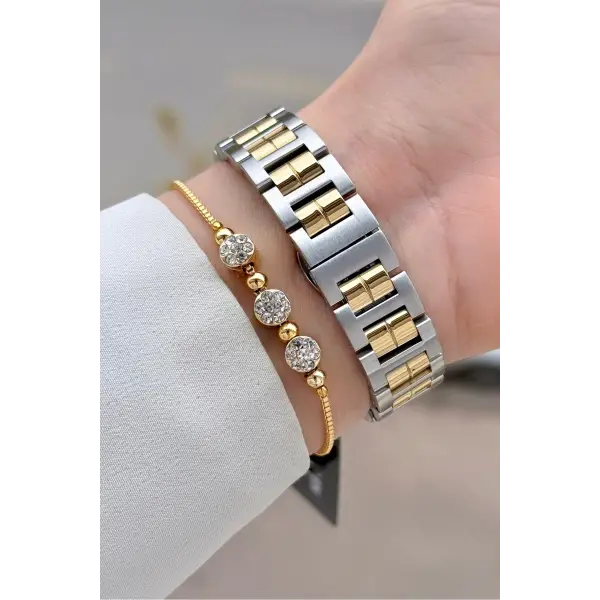 Kadranı Yeşil Kordonu Gold Gümüş Renk 30 Mm Kadın Kol Saati ve Bileklik