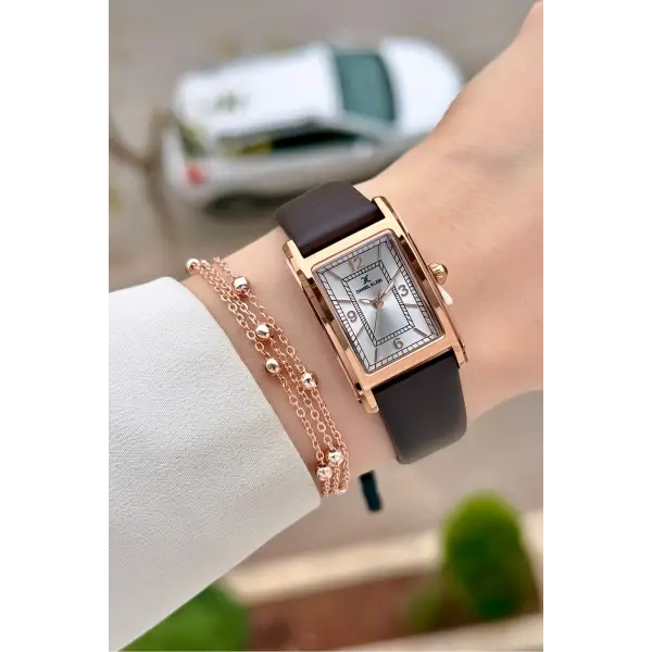 Kasası Rose Kordonu Kahverengi Renk Kadın Kol Saati ve Bileklik