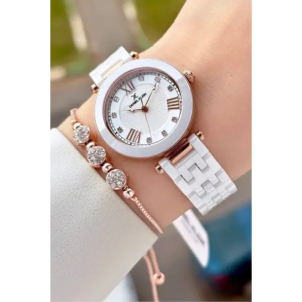 Kasası Rose Kordonu Beyaz Renk 32 mm Seramik Kadın Kol Saati ve Bileklik