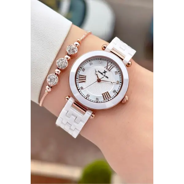 Kasası Rose Kordonu Beyaz Renk 32 mm Seramik Kadın Kol Saati ve Bileklik