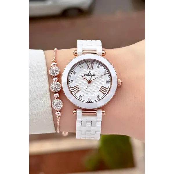 Kasası Rose Kordonu Beyaz Renk 32 mm Seramik Kadın Kol Saati ve Bileklik