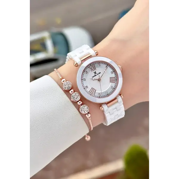 Kasası Rose Kordonu Beyaz Renk 32 mm Seramik Kadın Kol Saati ve Bileklik
