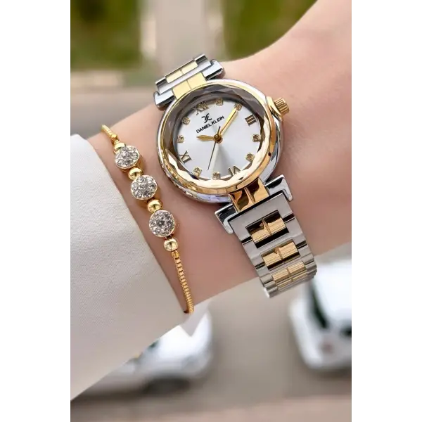 Gold Gümüş Renk 30 Mm Kristal Cam Kadın Kol Saati ve Hediye Bileklik