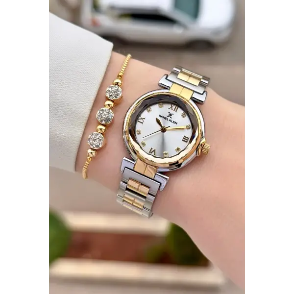 Gold Gümüş Renk 30 Mm Kristal Cam Kadın Kol Saati ve Hediye Bileklik