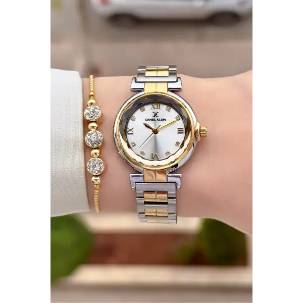 Gold Gümüş Renk 30 Mm Kristal Cam Kadın Kol Saati ve Hediye Bileklik