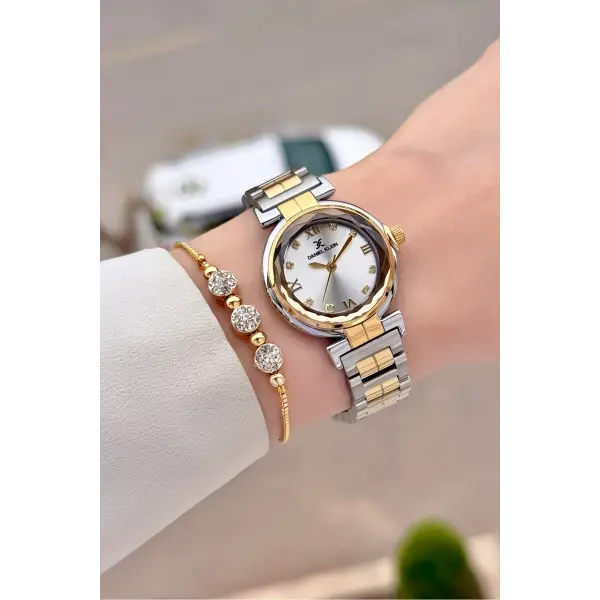 Gold Gümüş Renk 30 Mm Kristal Cam Kadın Kol Saati ve Hediye Bileklik