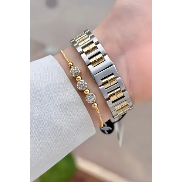 Gold Gümüş Renk 30 Mm Kristal Cam Kadın Kol Saati ve Hediye Bileklik