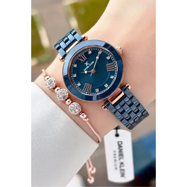 Kasası Rose Kordonu Lacivert Renk 32 mm Seramik Kadın Kol Saati ve Bileklik