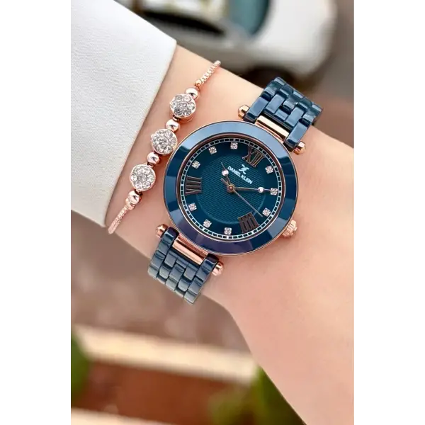 Kasası Rose Kordonu Lacivert Renk 32 mm Seramik Kadın Kol Saati ve Bileklik