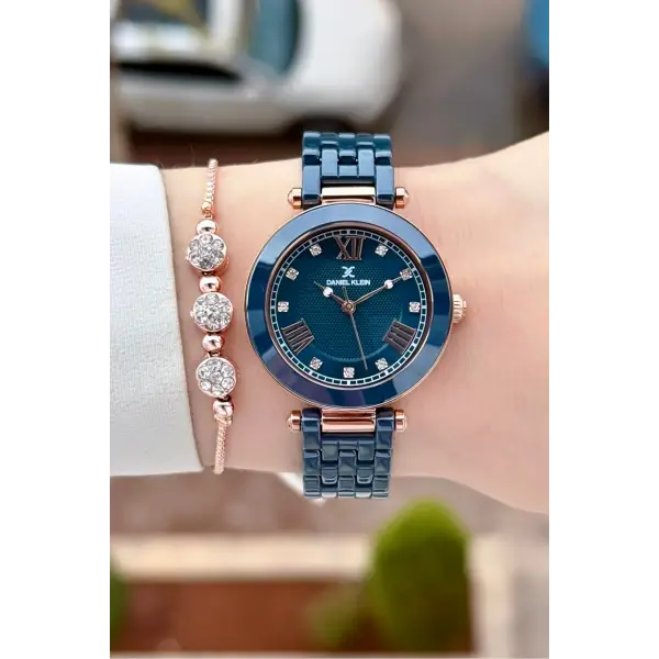 Kasası Rose Kordonu Lacivert Renk 32 mm Seramik Kadın Kol Saati ve Bileklik