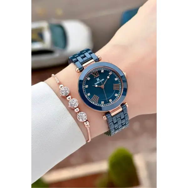 Kasası Rose Kordonu Lacivert Renk 32 mm Seramik Kadın Kol Saati ve Bileklik