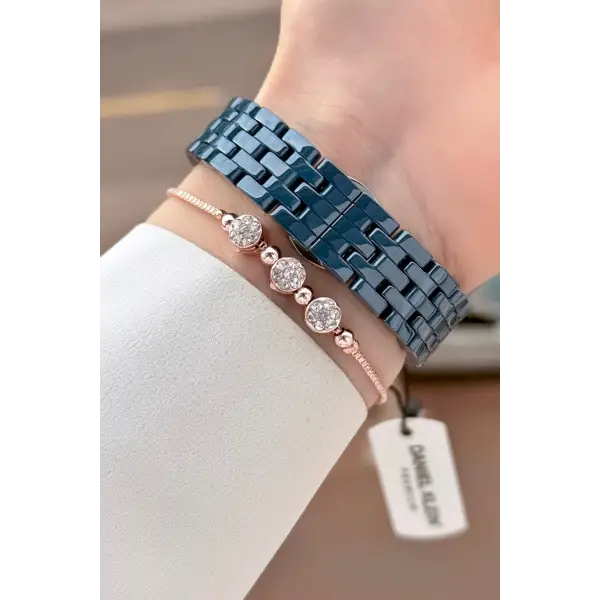 Kasası Rose Kordonu Lacivert Renk 32 mm Seramik Kadın Kol Saati ve Bileklik