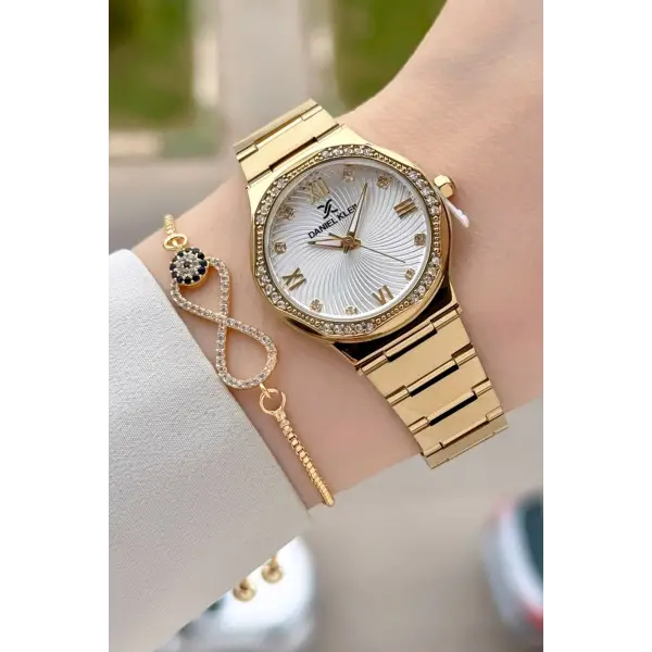 Gold Renk 30 Mm Kadın Kol Saati ve Hediye Bileklik