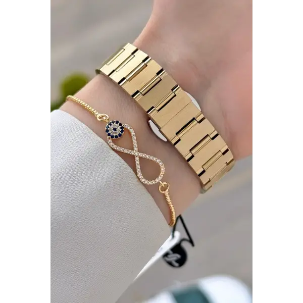 Gold Renk 30 Mm Kadın Kol Saati ve Hediye Bileklik