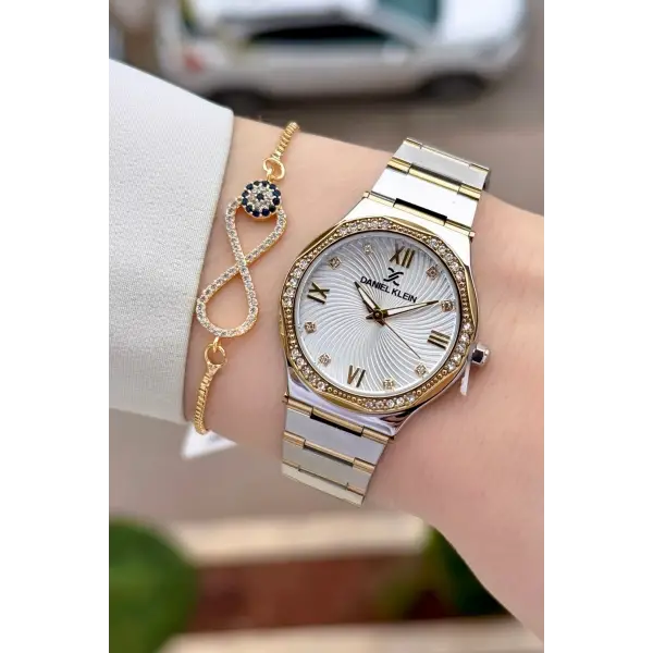 Gold Gümüş Renk 30 Mm Kadın Kol Saati ve Hediye Bileklik