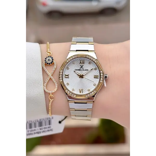 Gold Gümüş Renk 30 Mm Kadın Kol Saati ve Hediye Bileklik