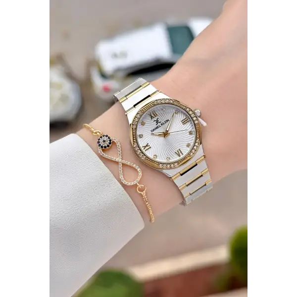 Gold Gümüş Renk 30 Mm Kadın Kol Saati ve Hediye Bileklik