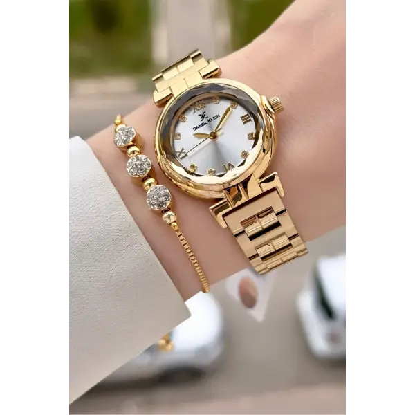 Gold Renk 30 Mm Kristal Cam Kadın Kol Saati ve Hediye Bileklik