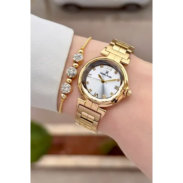 Gold Renk 30 Mm Kristal Cam Kadın Kol Saati ve Hediye Bileklik