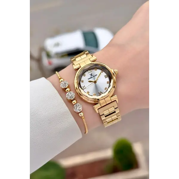 Gold Renk 30 Mm Kristal Cam Kadın Kol Saati ve Hediye Bileklik