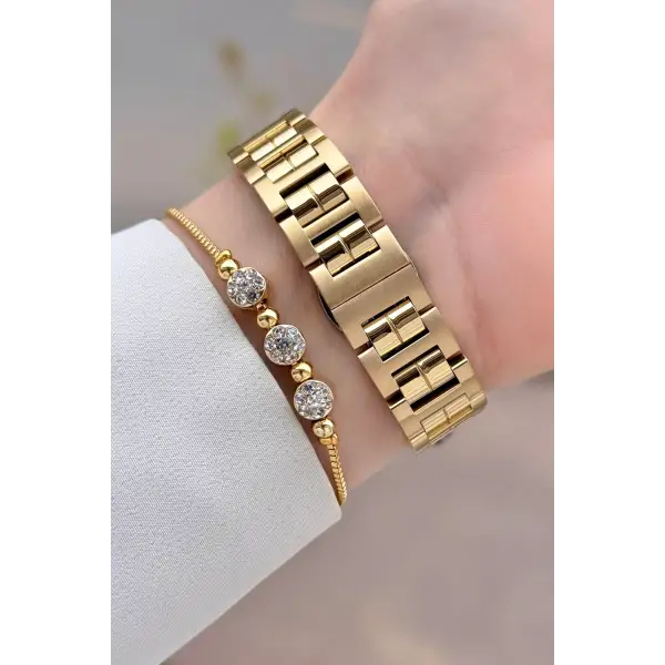 Gold Renk 30 Mm Kristal Cam Kadın Kol Saati ve Hediye Bileklik