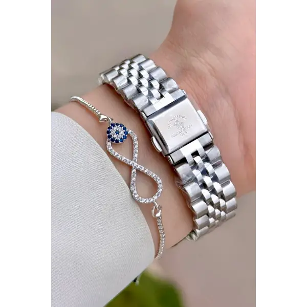 Gümüş Renk 32,5 Mm Tam Çelik 5 ATM Su Geçirmez Kadın Kol Saati ve Bileklik