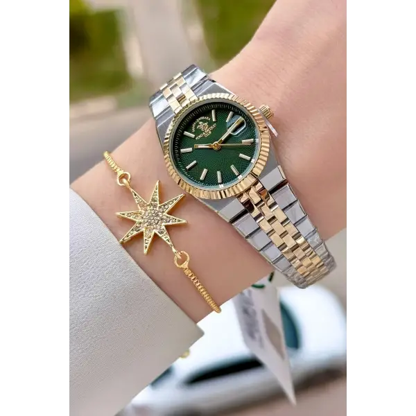 Kadranı Yeşil Kordonu Gold Gümüş Renk Tam Çelik 5 ATM Su Geçirmez Kadın Kol Saati ve Bileklik
