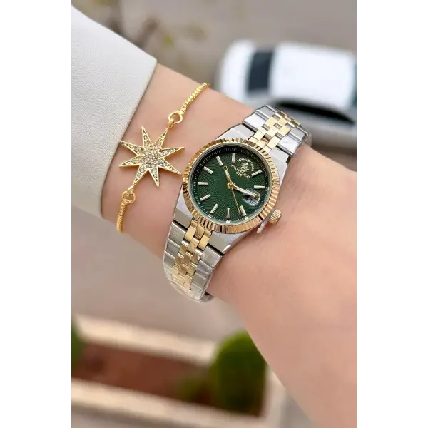 Kadranı Yeşil Kordonu Gold Gümüş Renk Tam Çelik 5 ATM Su Geçirmez Kadın Kol Saati ve Bileklik