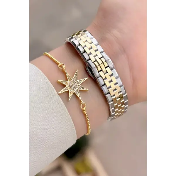 Kadranı Yeşil Kordonu Gold Gümüş Renk Tam Çelik 5 ATM Su Geçirmez Kadın Kol Saati ve Bileklik