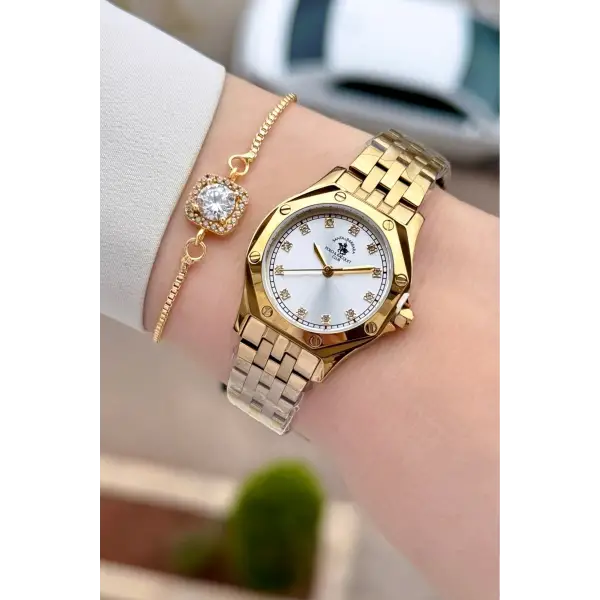 Gold Renk 27,5 Mm Tam Çelik 5 ATM Su Geçirmez Kadın Kol Saati ve Bileklik