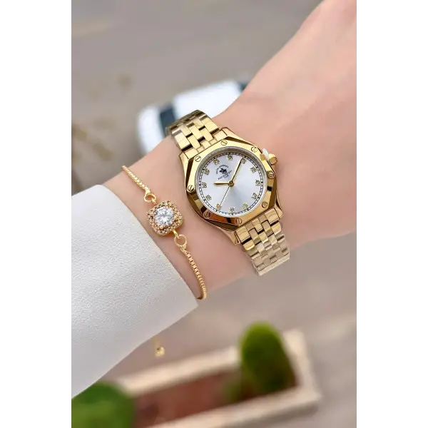 Gold Renk 27,5 Mm Tam Çelik 5 ATM Su Geçirmez Kadın Kol Saati ve Bileklik