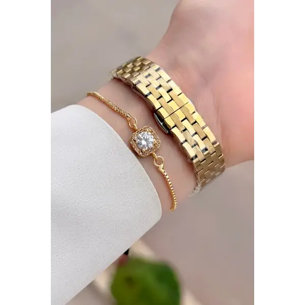 Gold Renk 27,5 Mm Tam Çelik 5 ATM Su Geçirmez Kadın Kol Saati ve Bileklik