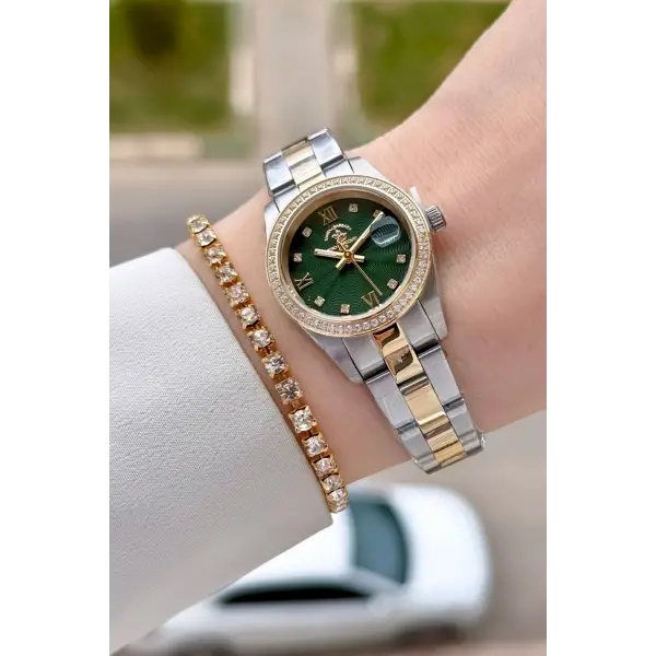 Kadranı Yeşil Kordonu Gold Gümüş Renk Tam Çelik 5 ATM Su Geçirmez Kadın Kol Saati ve Bileklik