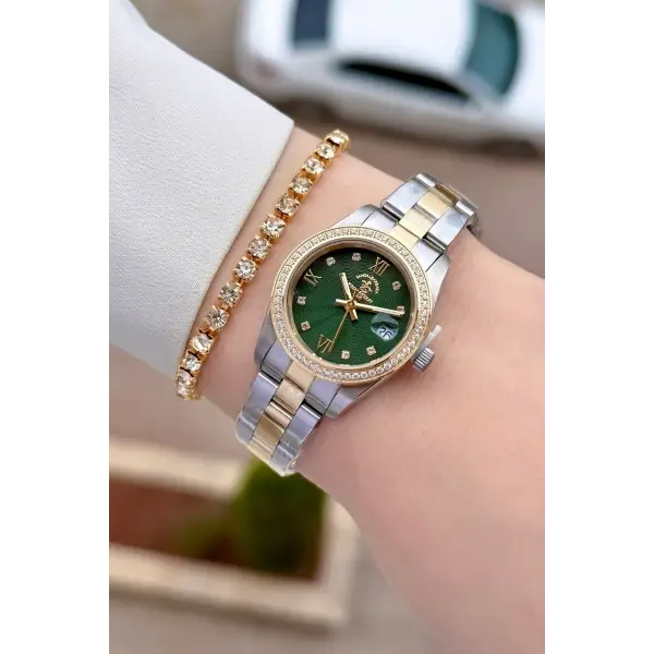 Kadranı Yeşil Kordonu Gold Gümüş Renk Tam Çelik 5 ATM Su Geçirmez Kadın Kol Saati ve Bileklik