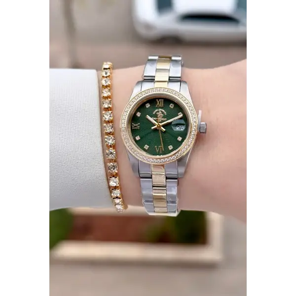 Kadranı Yeşil Kordonu Gold Gümüş Renk Tam Çelik 5 ATM Su Geçirmez Kadın Kol Saati ve Bileklik