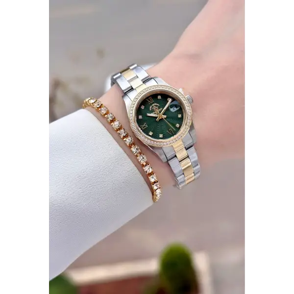 Kadranı Yeşil Kordonu Gold Gümüş Renk Tam Çelik 5 ATM Su Geçirmez Kadın Kol Saati ve Bileklik