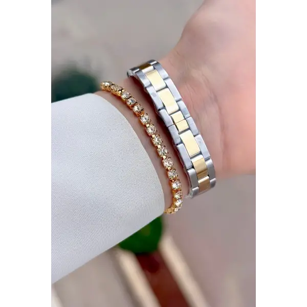 Kadranı Yeşil Kordonu Gold Gümüş Renk Tam Çelik 5 ATM Su Geçirmez Kadın Kol Saati ve Bileklik