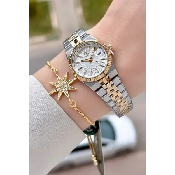 Gold Gümüş Renk 26 Mm Tam Çelik 5 ATM Su Geçirmez Kadın Kol Saati ve Bileklik